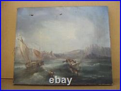 Ancien tableau huile sur toile paysage bateaux marins sur la cote tempéte XIX 1