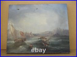 Ancien tableau huile sur toile paysage bateaux marins sur la cote tempéte XIX 1