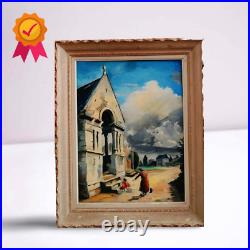Ancien tableau huile sur toile scène de genre animée église alentours Rouen à at