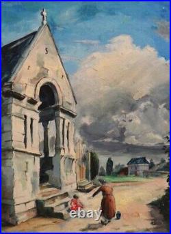 Ancien tableau huile sur toile scène de genre animée église alentours Rouen à at