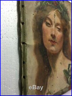 Ancien tableau peinture sur toile a restaurer portrait de femme symboliste 1900