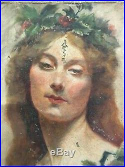 Ancien tableau peinture sur toile a restaurer portrait de femme symboliste 1900