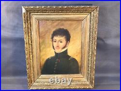 Ancien tableau peinture sur toile portrait militaire officier cadre platre doré