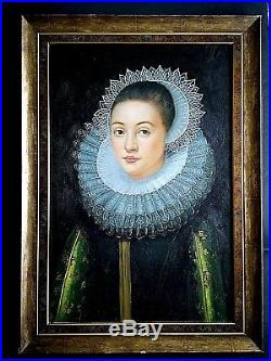 Ancien tableau, portrait de femme à la fraise goût du XVIIème siècle signé XXème
