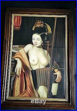 Ancien tableau, portrait de femme asiatique Geïsha seins Nu signé érotisme XXème
