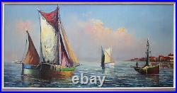 Ancien tableau signé Louis Andrey marine bateaux de pêche pêcheur Provence Corse