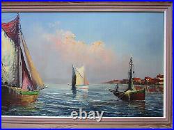 Ancien tableau signé Louis Andrey marine bateaux de pêche pêcheur Provence Corse