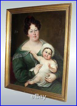 Ancienne Grande Huile Sur Toile Maternite Bebe Epoque 1830 Portrait France Xixe