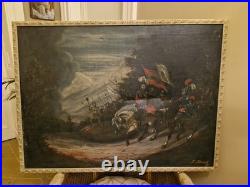 Ancienne Grande Peinture Scène Militaire, Scène De Bataille Huile Sur Toile