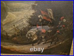 Ancienne Grande Peinture Scène Militaire, Scène De Bataille Huile Sur Toile