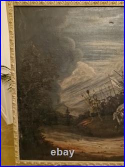 Ancienne Grande Peinture Scène Militaire, Scène De Bataille Huile Sur Toile