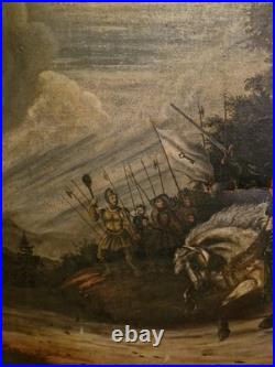 Ancienne Grande Peinture Scène Militaire, Scène De Bataille Huile Sur Toile