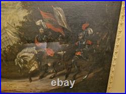 Ancienne Grande Peinture Scène Militaire, Scène De Bataille Huile Sur Toile