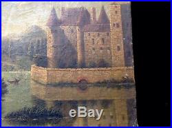 Ancienne Huile Sur Toile Chateau Paysage Animé Fin 18 Eme Antik Oil On Canvas