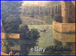 Ancienne Huile Sur Toile Chateau Paysage Animé Fin 18 Eme Antik Oil On Canvas