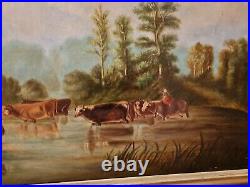 Ancienne grande peinture huile sur toile, troupeau de vaches