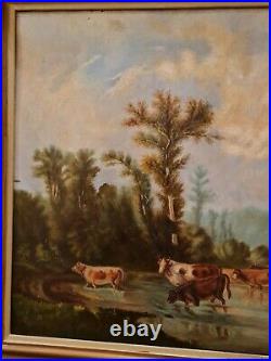 Ancienne grande peinture huile sur toile, troupeau de vaches