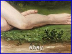 Ancienne huile sur toile du XXe siècle représentant un nu féminin, cadre doré