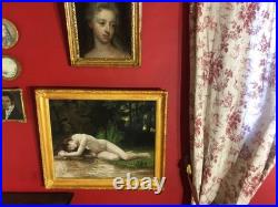 Ancienne huile sur toile du XXe siècle représentant un nu féminin, cadre doré