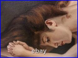 Ancienne huile sur toile du XXe siècle représentant un nu féminin, cadre doré