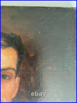 Ancienne huile sur toile portrait d'un jeune homme
