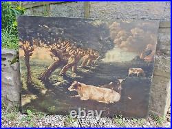 Ancienne huile sur toile représentant des vaches grand format