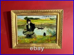 Ancienne huile sur toile représentant une dame à l'ombrelle dans un paysage