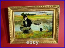Ancienne huile sur toile représentant une dame à l'ombrelle dans un paysage
