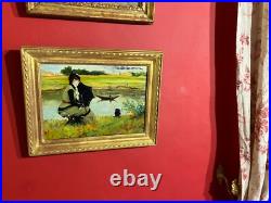 Ancienne huile sur toile représentant une dame à l'ombrelle dans un paysage