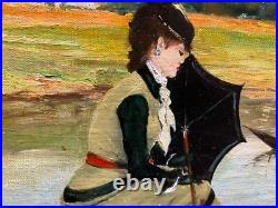 Ancienne huile sur toile représentant une dame à l'ombrelle dans un paysage