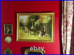Ancienne huile sur toile, scène de promenade avec des chevaux, cadre doré