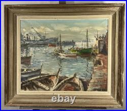 Ancienne huile sur toile signée proche du pointillisme bateaux dans un port