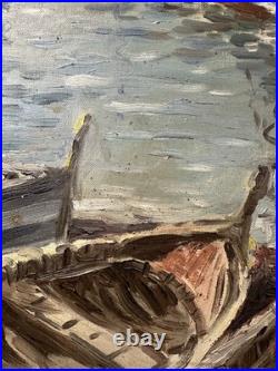 Ancienne huile sur toile signée proche du pointillisme bateaux dans un port