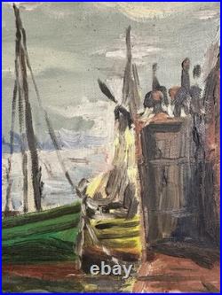 Ancienne huile sur toile signée proche du pointillisme bateaux dans un port