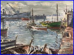 Ancienne huile sur toile signée proche du pointillisme bateaux dans un port