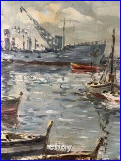 Ancienne huile sur toile signée proche du pointillisme bateaux dans un port