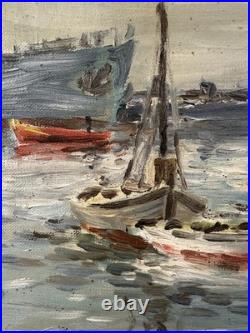 Ancienne huile sur toile signée proche du pointillisme bateaux dans un port