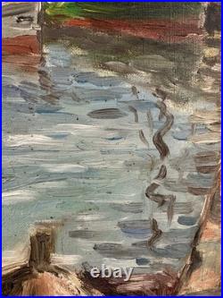 Ancienne huile sur toile signée proche du pointillisme bateaux dans un port