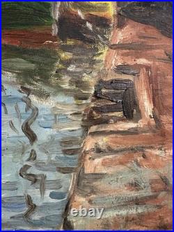 Ancienne huile sur toile signée proche du pointillisme bateaux dans un port