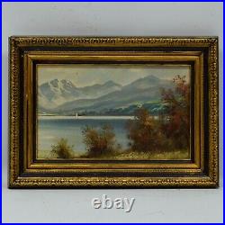 Ancienne peinture à l'huile. Paysage montagneux avec un lac 52x37 cm