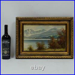 Ancienne peinture à l'huile. Paysage montagneux avec un lac 52x37 cm