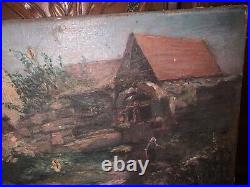Ancienne peinture huile sur toile Barbizon cour de ferme à restaurer signé