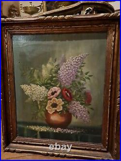 Ancienne peinture huile sur toile, bouquet de fleurs, signée