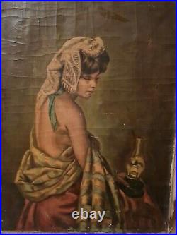 Ancienne peinture huile sur toile, portrait de femme
