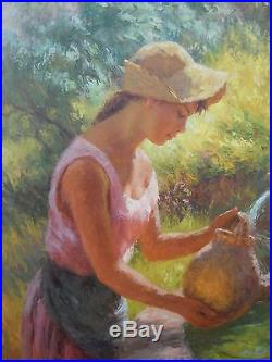 André Galzenati tableau huile sur toile jeune femme à la fontaine XXe siècle