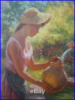 André Galzenati tableau huile sur toile jeune femme à la fontaine XXe siècle
