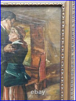 Antique Carré Peinture Huile sur Toile L'Enterrement R. A. Sarda de G. Berger