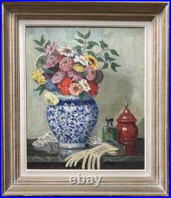 Antique Still Life Bouquet and Glove, Oil Painting on Canvas, Framed
