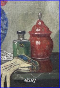 Antique Still Life Bouquet and Glove, Oil Painting on Canvas, Framed