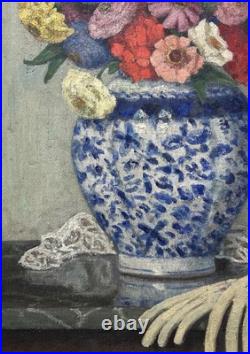Antique Still Life Bouquet and Glove, Oil Painting on Canvas, Framed